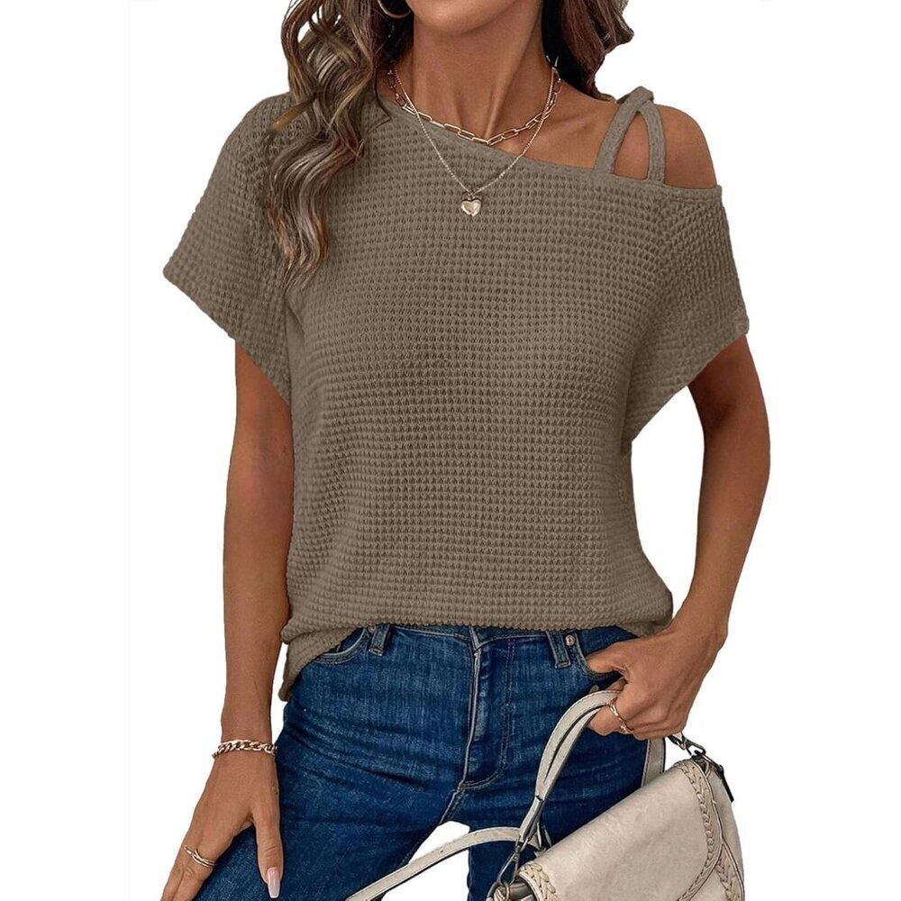 Womens Off Shoulder Waffle Knit Top Lightweight Casual Summer Blouse